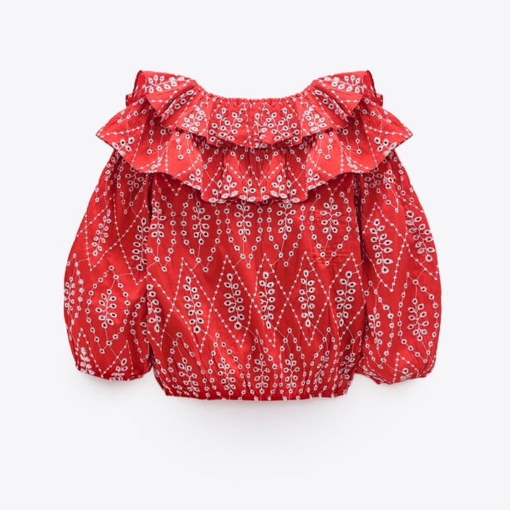 NWT Zara Openwork Embroidered Ruffle Top Red - Picture 6 of 8